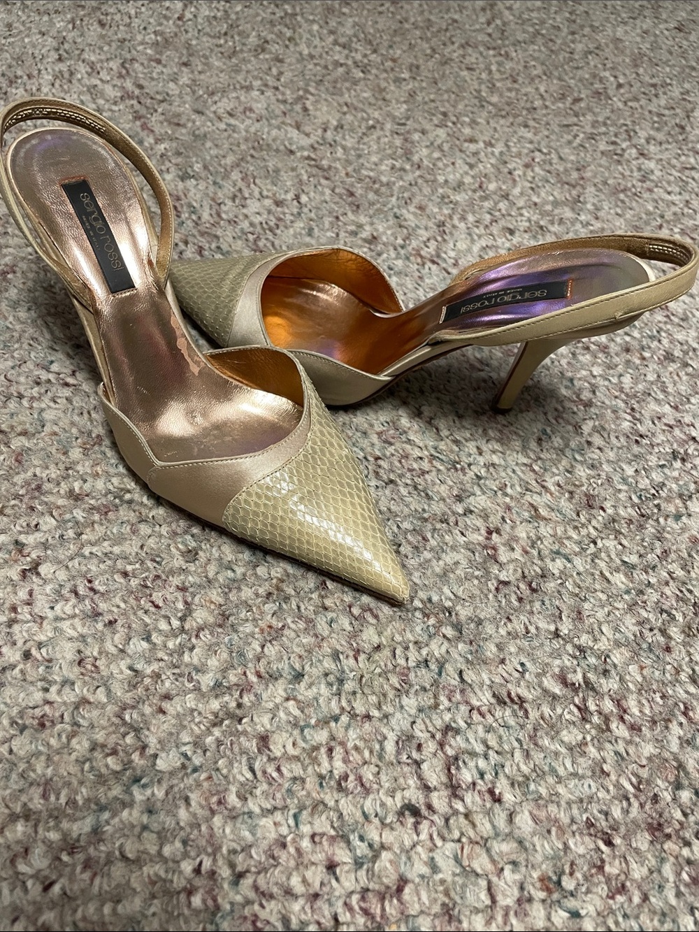 Sergio Rossi python/satin Beige Pointed toe sling back Heels